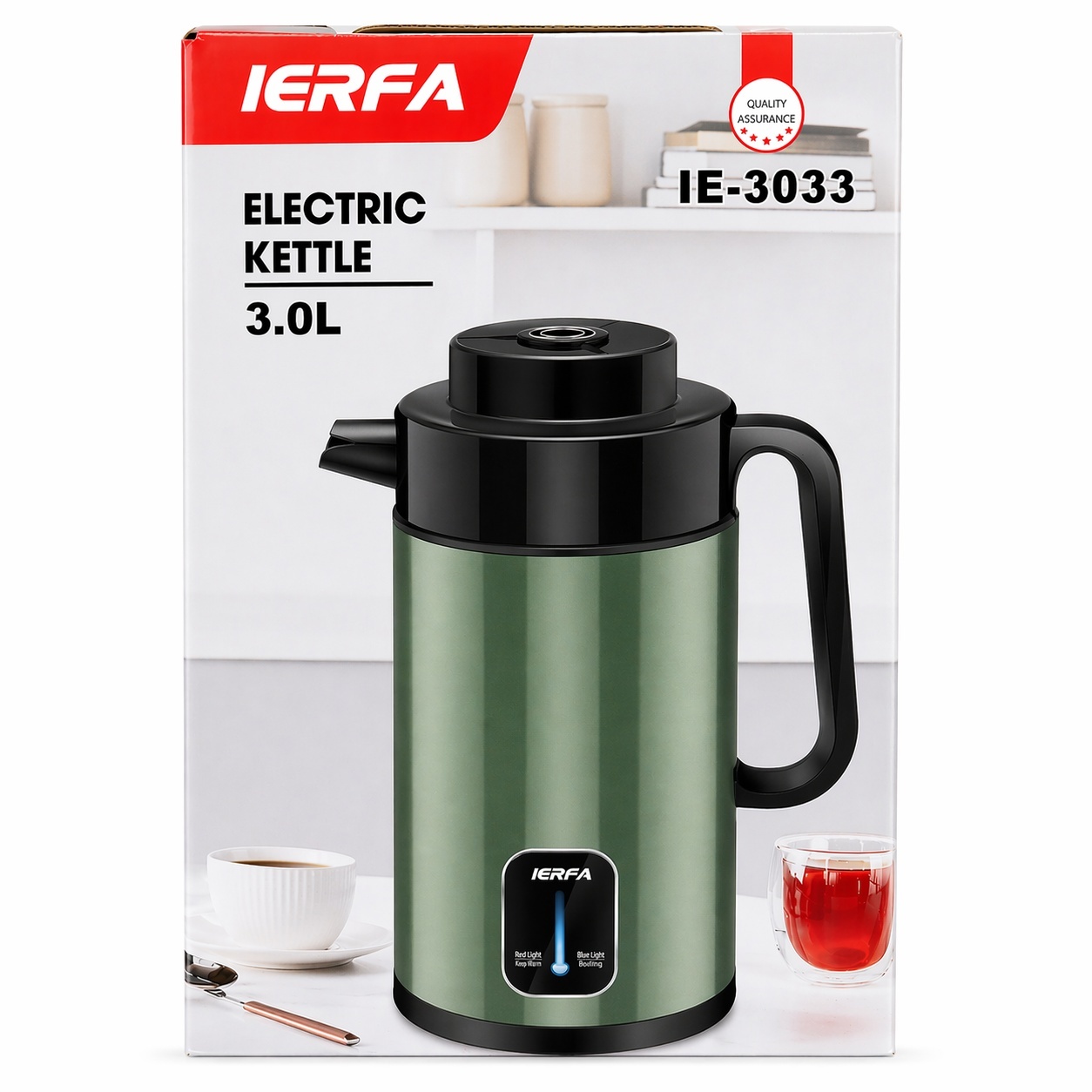 Fierbător electric pentru apă, verde, capacitate 3L, 29 cm, cu oprire automată