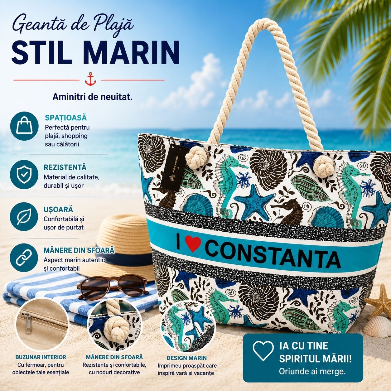 Geantă Mare de Plajă cu Design Marin – Model I Love Constanța cu Mânere din Sfoară 2