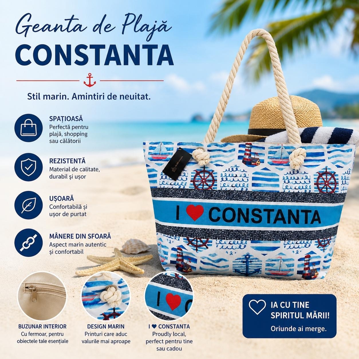Geantă Mare de Plajă, Model cu Ancore si Barcute – Geantă Spațioasă cu Design Nautic 2