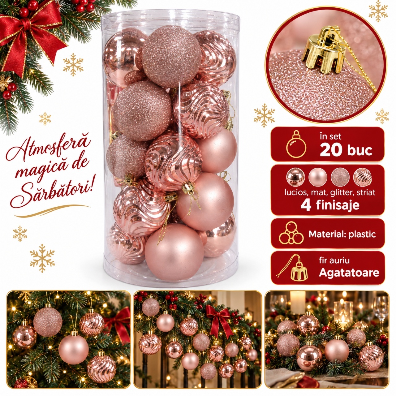 Globuri de Crăciun set 20 bucăți, roz, 4 finisaje, plastic, agățătoare aurie, tub 60×22 cm