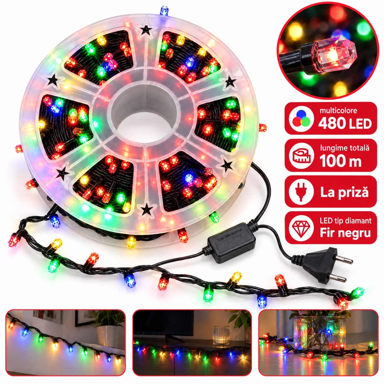 Instalație LED tip rolă, 100 m, 480 LED multicolore in forma de diamant, fir negru