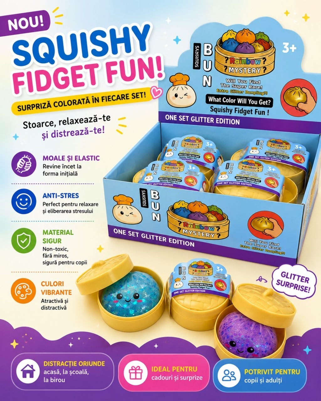 Jucărie Antistres Squishy Dumpling cu Bile Gel și Sclipici, 8 cm, Fidget Toy Surpriză Colorată 2