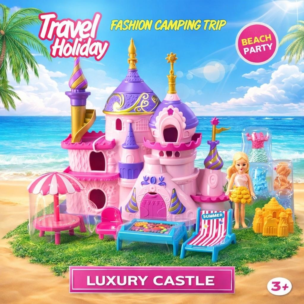 Jucarie castel pentru fete cu papusa si accesorii camping, haine incluse, 21 cm 2