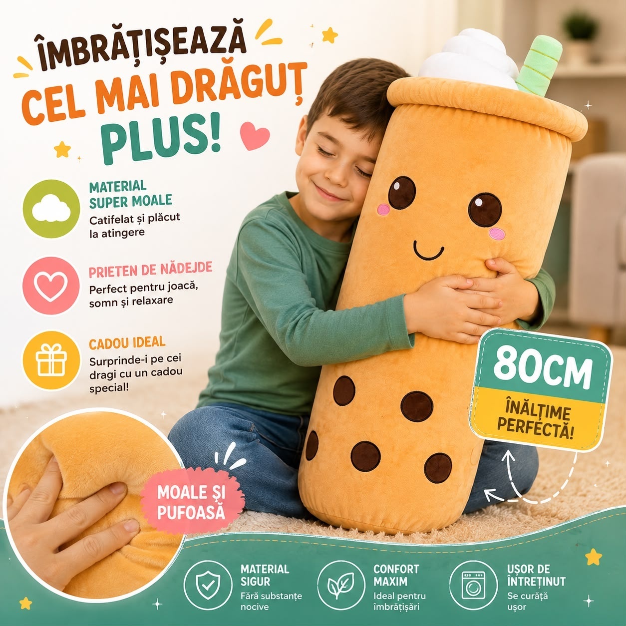 Jucărie de Pluș Bubble Tea Maro, 80 cm, Pernă Plus Gigantă, Moale și Pufoasă, Cadou pentru Copii 3