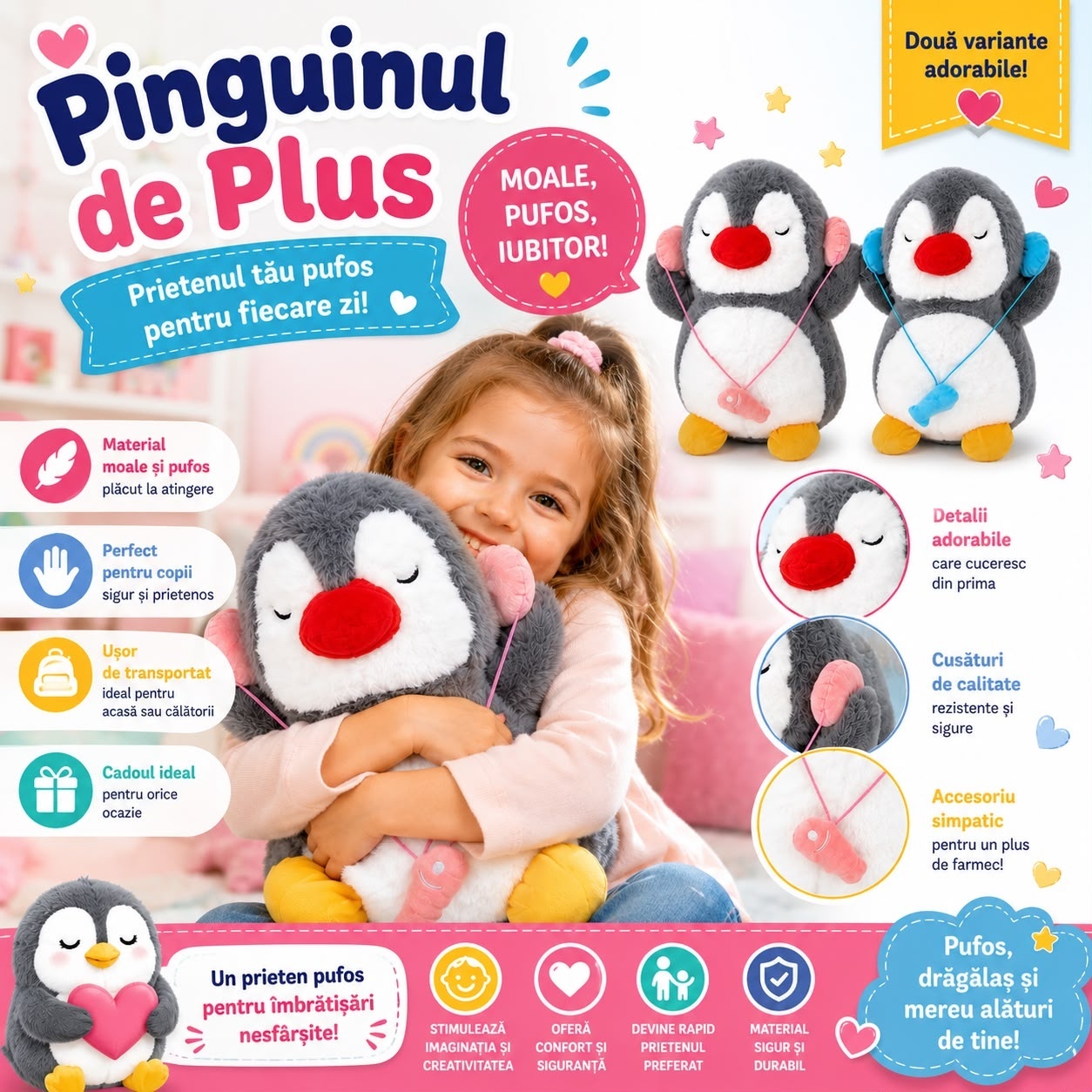 Jucărie de Plus Pinguin 50cm pentru Copii – Pluș Moale și Pufos, Culoare Aleatorie 4