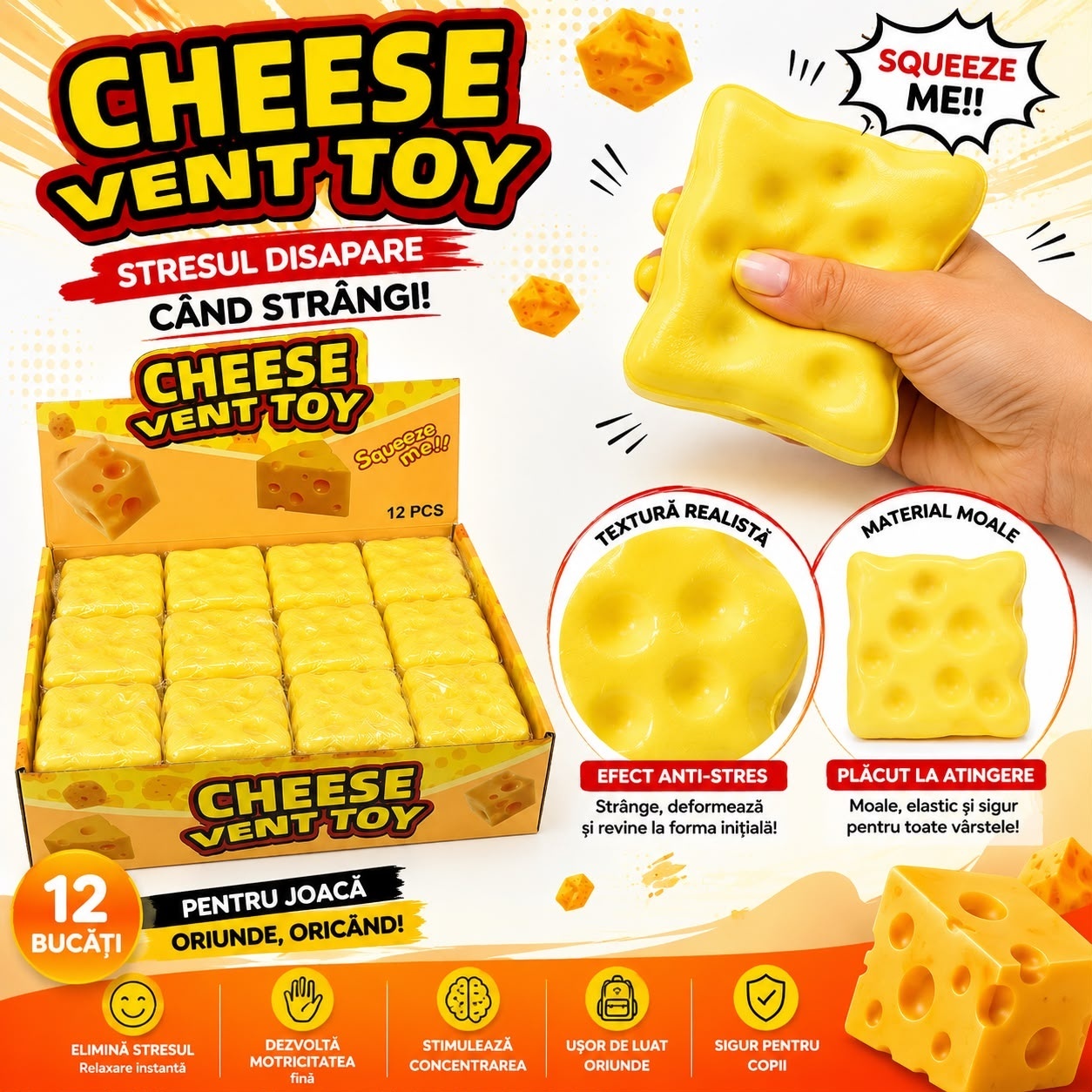 Jucărie Squishy Antistres în Formă de Brânză – Squeeze Toy Moale și Elastic, Relaxare și Distracție 2