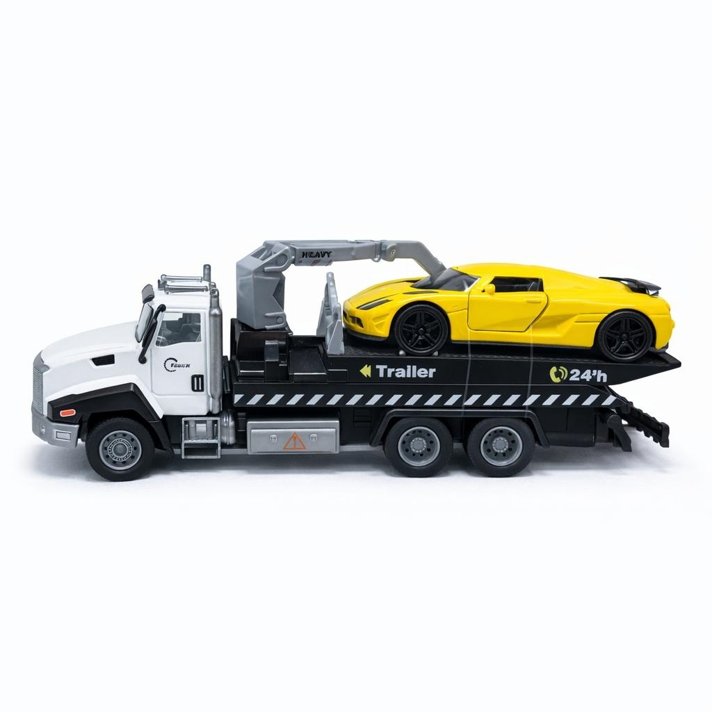 Masina de tractari cu masina sport galbena, metal die-cast, functie pull back, 26.5cm 2