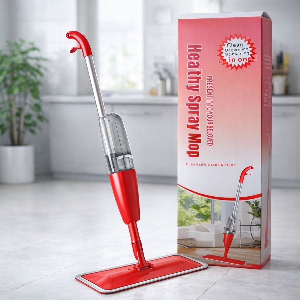 Mop plat cu pulverizator și rezervor integrat pentru curățarea rapidă a pardoselilor, Roșu 2