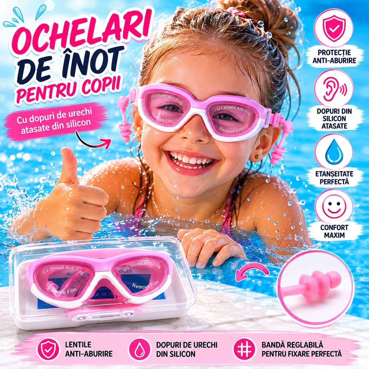 Ochelari de Inot Copii cu Dopuri de Urechi din Silicon, Anti-Aburire, Roz Alb, Reglabili 2