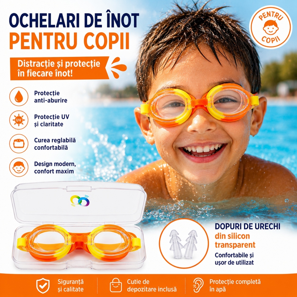 Ochelari de inot copii portocaliu-galben, reglabili, cu dopuri urechi silicon 2