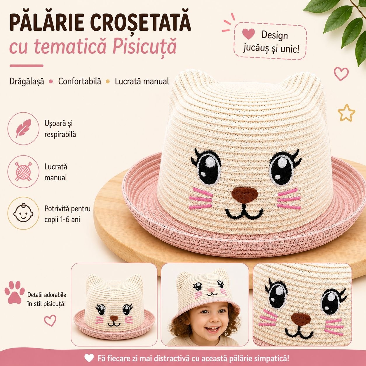 Palarie copii cu pisicuta roz, crosetata manual, bumbac, crem-roz 2