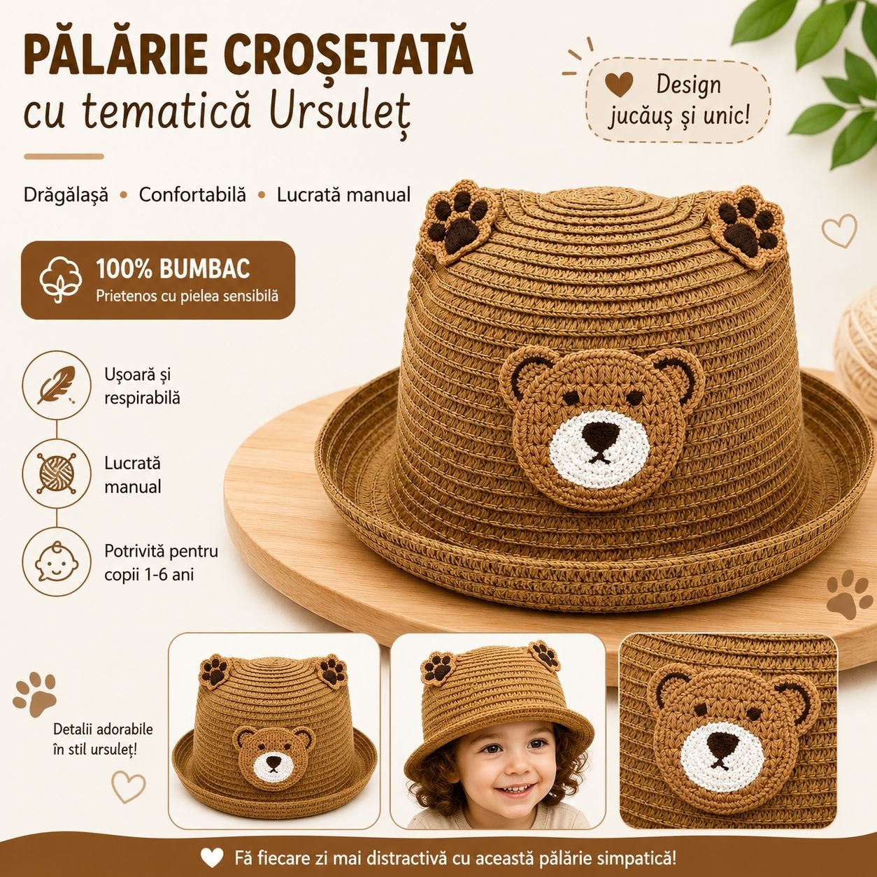 Palarie copii cu ursulet, crosetata manual, bumbac, model maro natur, 1-6 ani 2