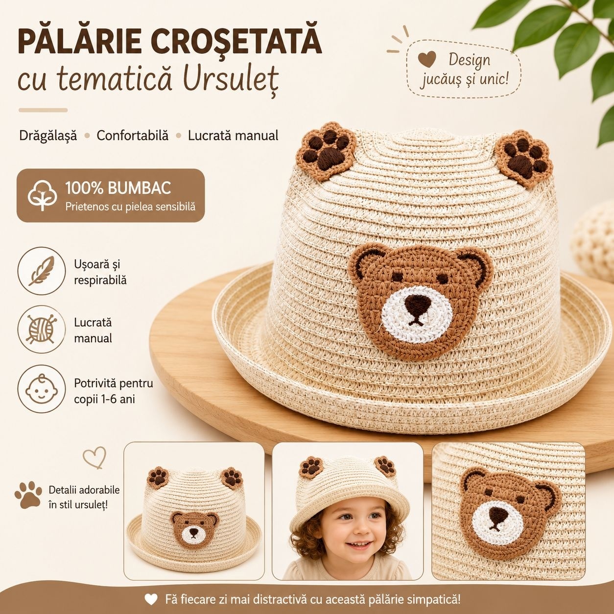 Palarie crem copii cu ursulet, crosetata manual, bumbac, model adorabil 2