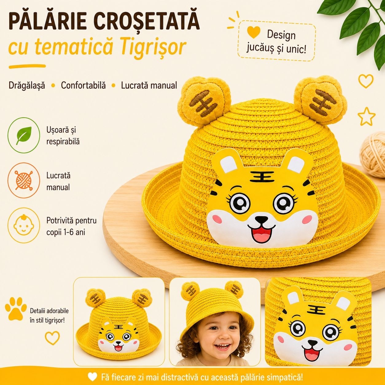 Palarie crosetata copii cu tigrisor galben vesel, lucrata manual, 1-6 ani 2
