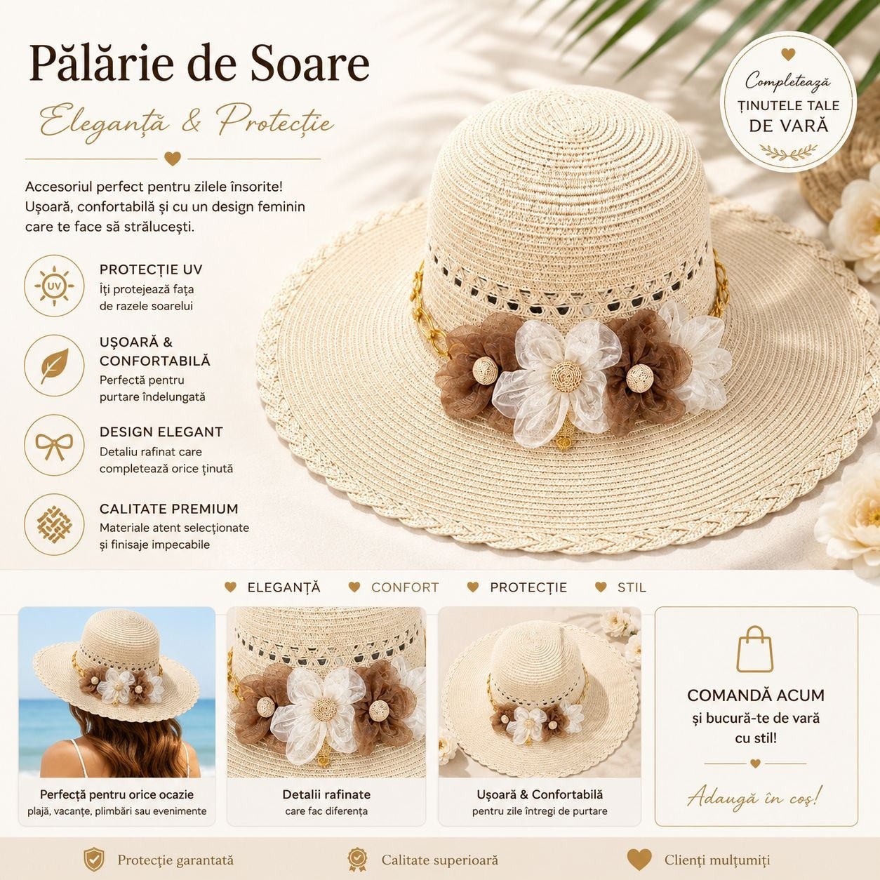 Palarie de Soare pentru Femei, Crem, cu Floricele Decorative 2