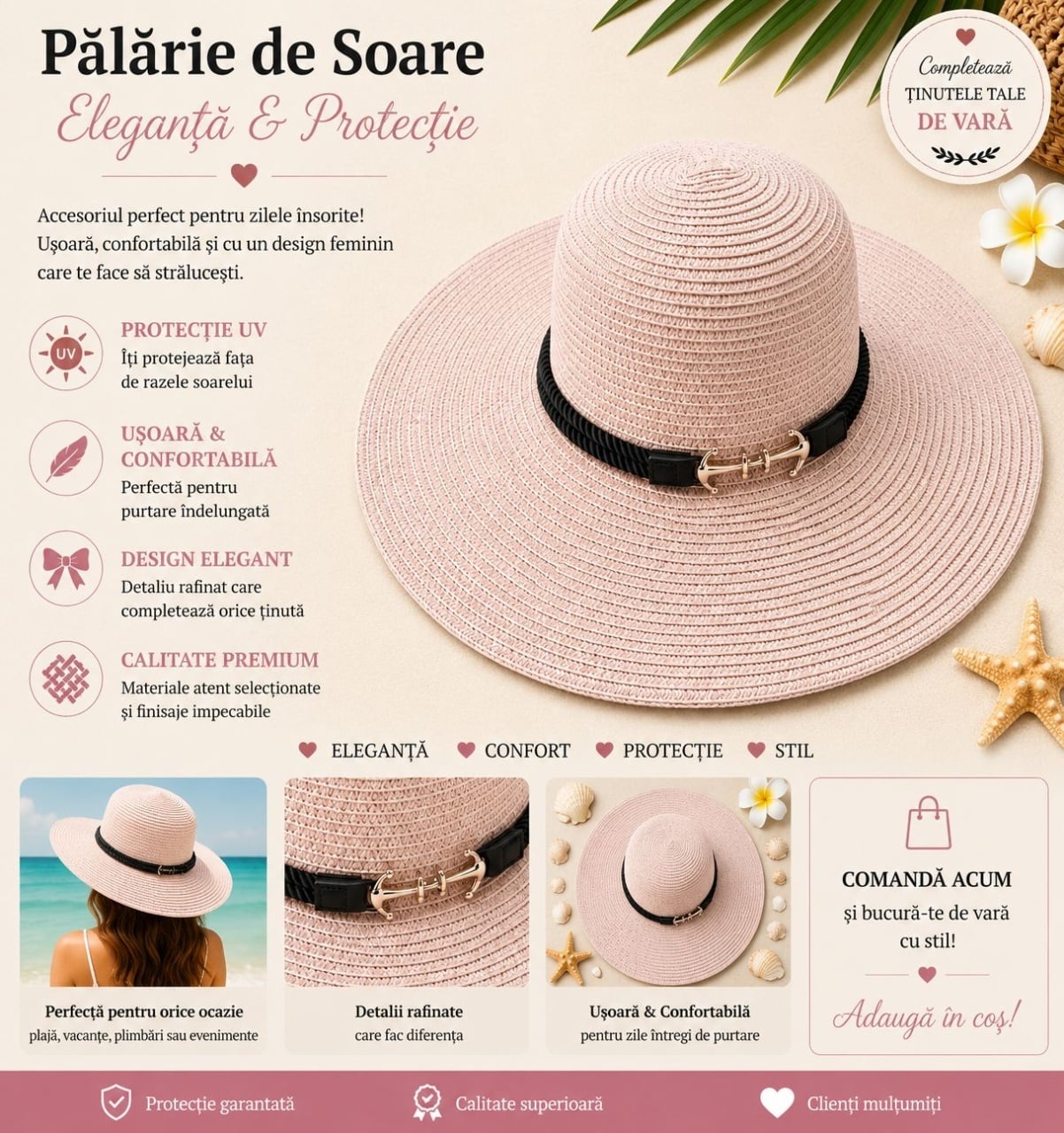 Palarie de Soare pentru Femei Roz Pudrat cu Detaliu Ancora – Model Elegant de Vara 2