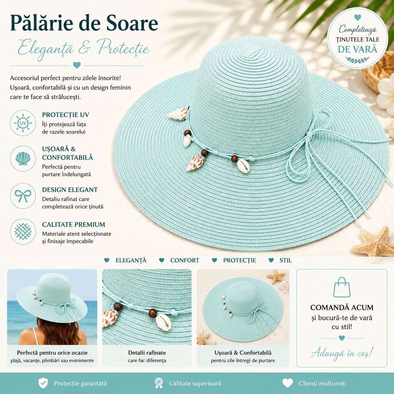 Palarie de Soare pentru Femei, Turcoaz, cu Scoici si Fundita, Boruri Largi, Eleganta pentru Vara 2