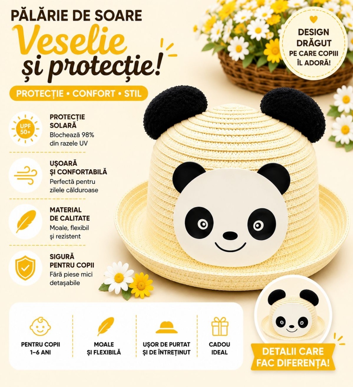 Palarie de Vara Crem cu Panda pentru Copii, Protectie UV si Design Jucaus 2