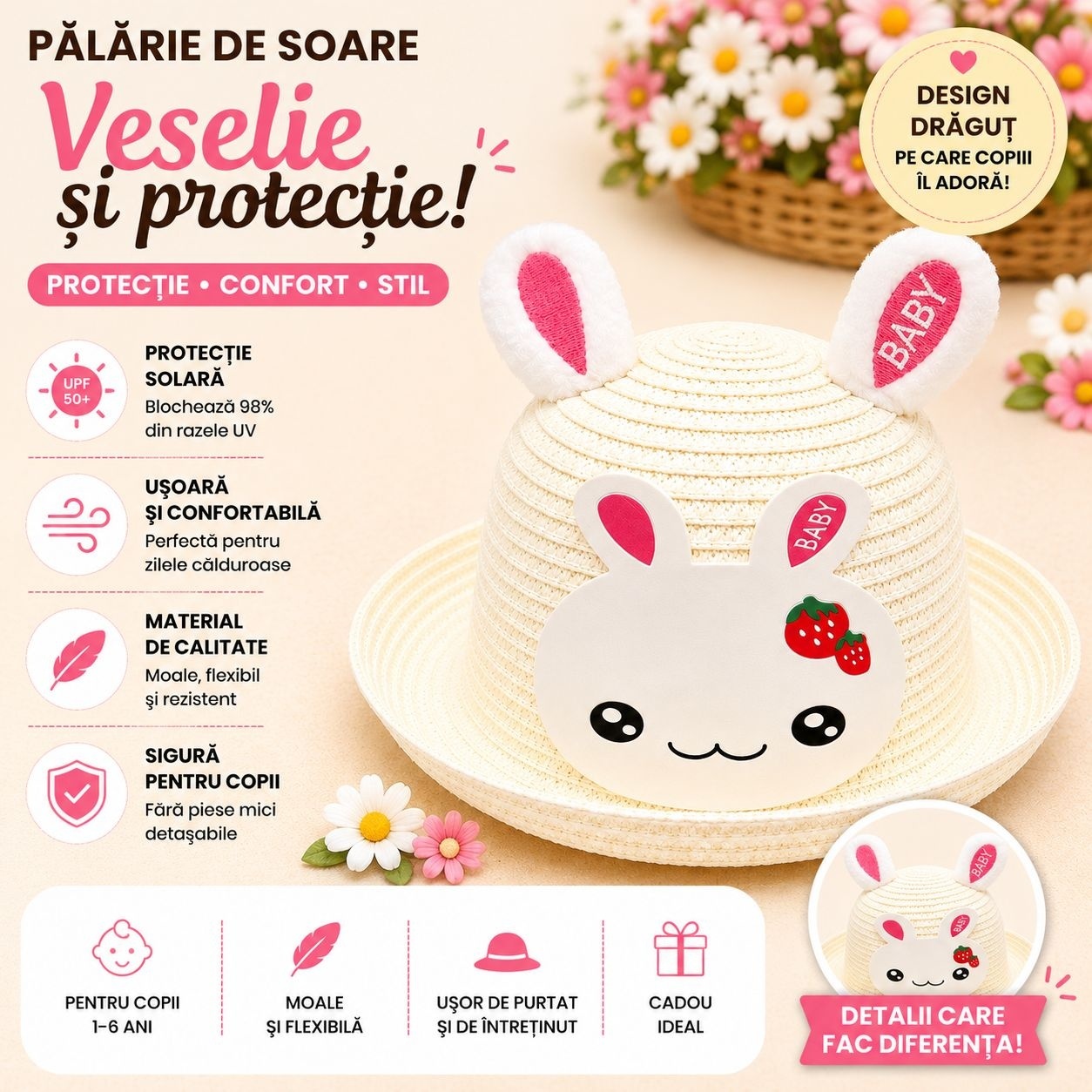 Palarie de Vara Crem Deschis cu Iepuras Roz pentru Copii, Protectie UV si Design Dragut 2