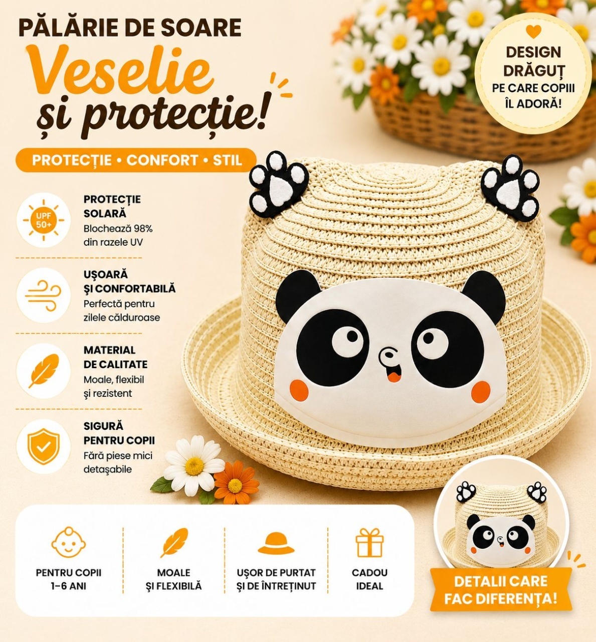Palarie de Vara Crem Deschis cu Panda pentru Copii, Protectie UV si Design Vesel 2