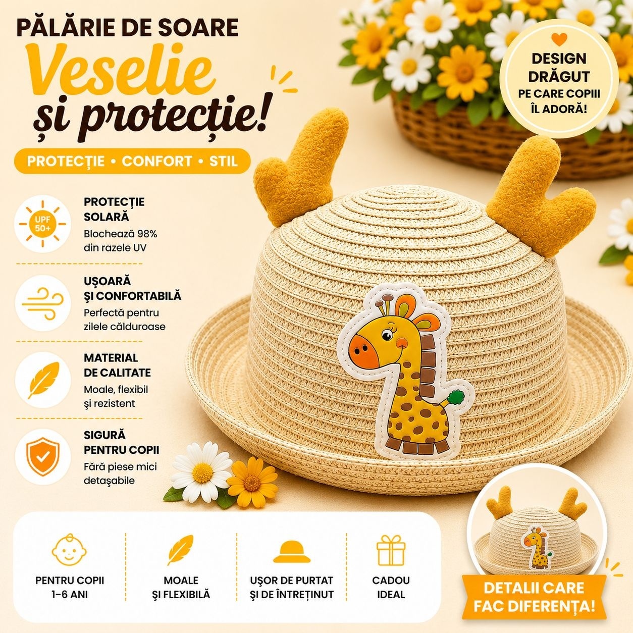 Palarie de Vara Crem pentru Copii cu Girafa Galbena, Protectie UV si Design Adorabil 2
