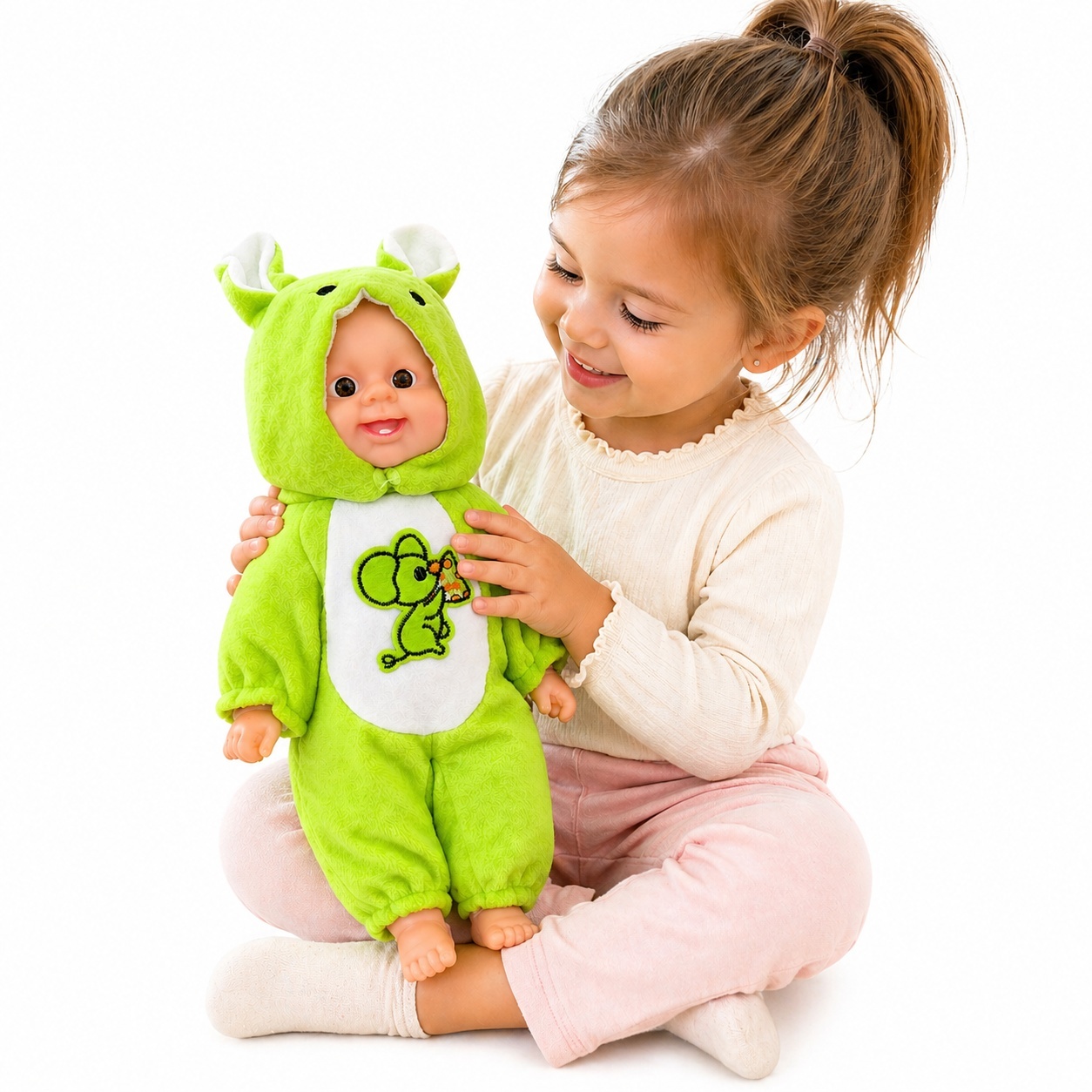 Papusa bebelus 35cm care rade, costum verde cu gluga, jucarie copii 2