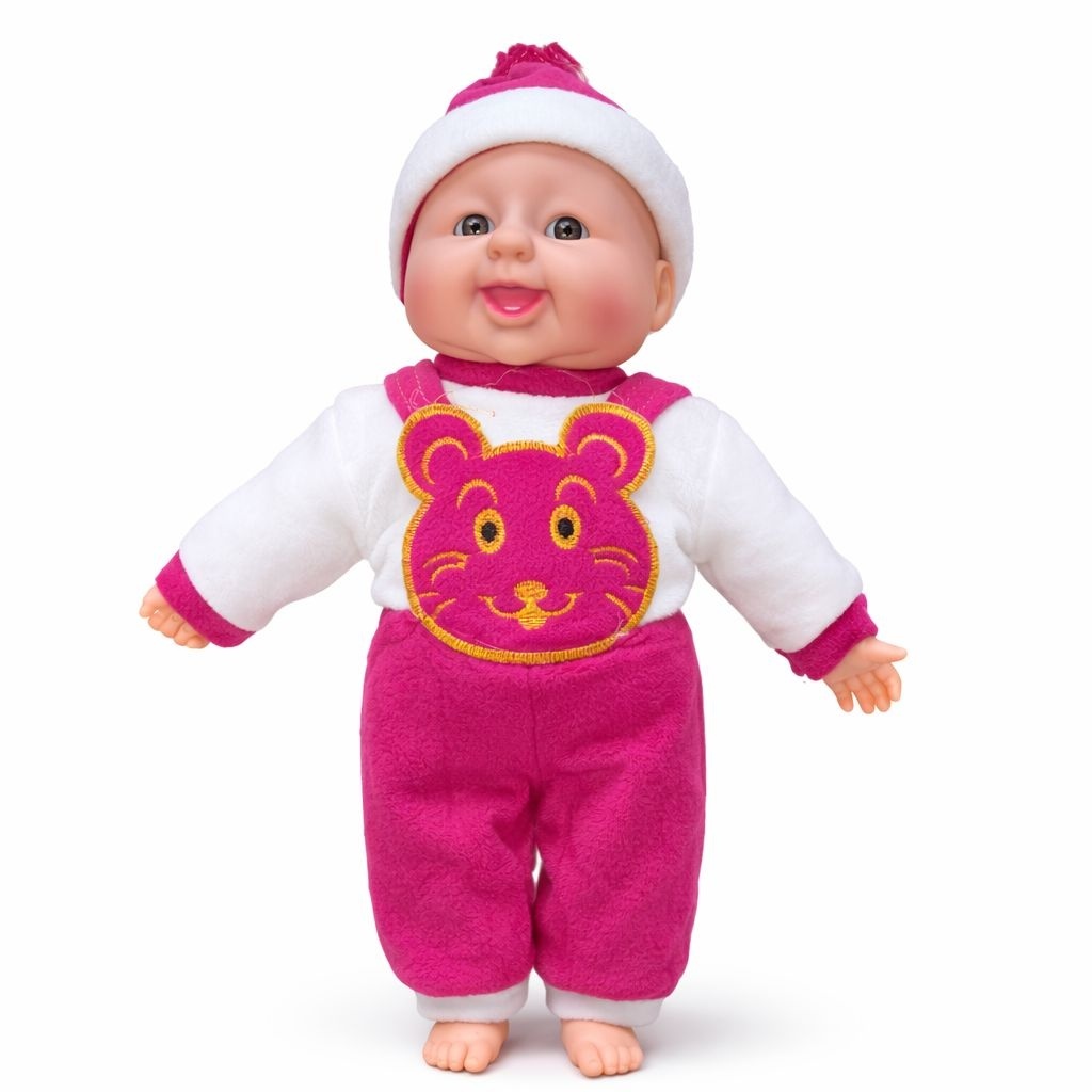 Papusa bebelus 40 cm cu ras de bebelus, salopeta roz intens cu ursulet, jucarie interactiva