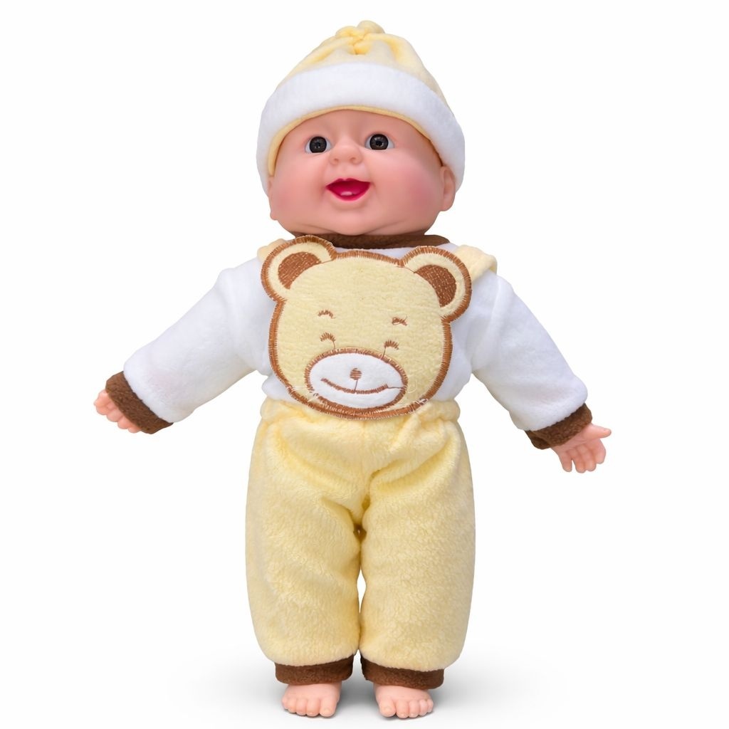 Papusa bebelus interactiva 40 cm, costum galben cu ursulet, rade in hohote, baterii incluse