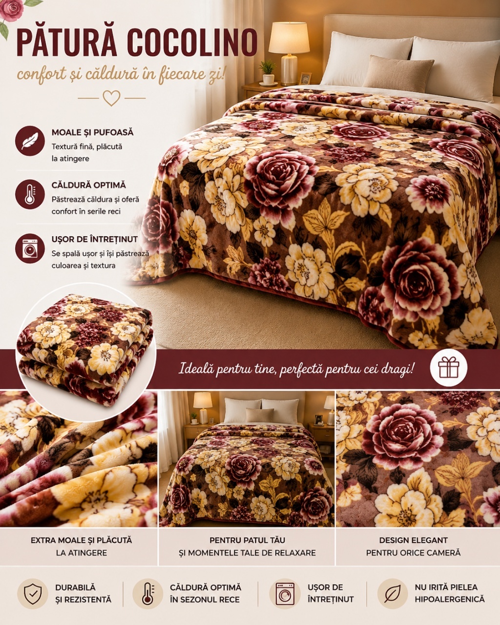 Patura Cocolino Pufoasa cu Model Floral Elegant, 200x220 cm, Maro si Crem 2