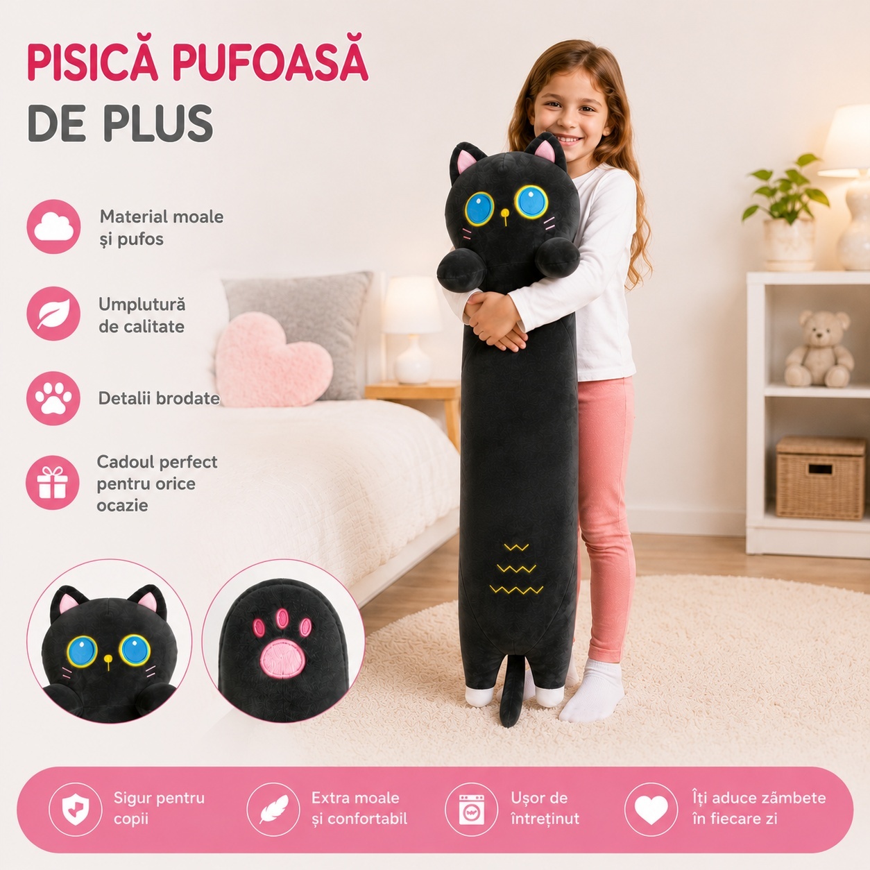 Pisică de pluș neagră 90 cm – jucărie moale și pufoasă pentru copii, pernă decorativă 2