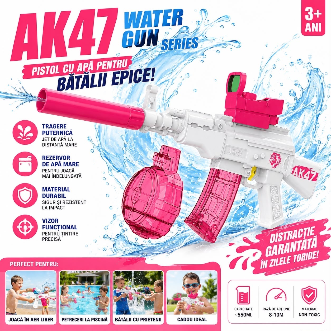 Pistol cu Apă AK47 pentru Copii 3+, Rezervor Mare 550 ml, Rază 8-10 m, Model Aleatoriu 2