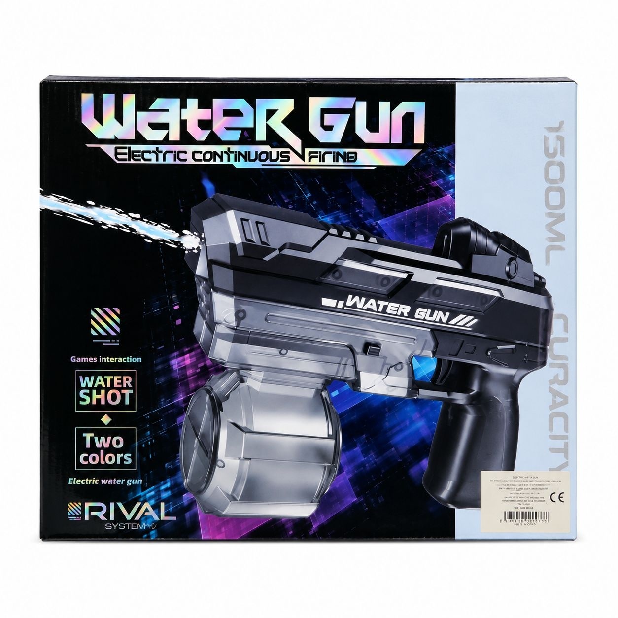 Pistol cu Apă Electric Negru cu Jet Continuu, Baterie Reîncărcabilă, Rezervor Mare și Tragere Automată