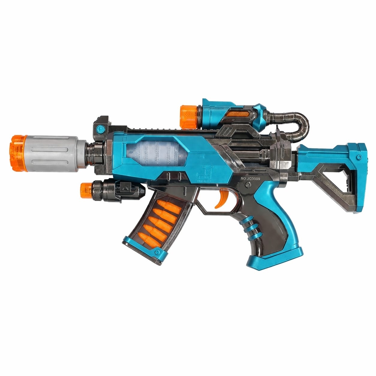 Pistol jucarie electric cu efect fum, lumini LED si sunete, model futuristic albastru