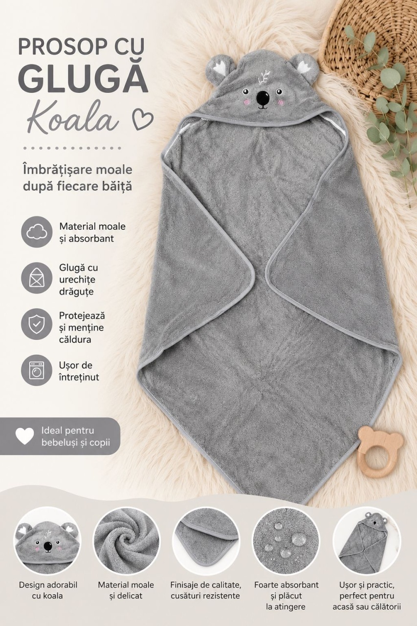 Prosop cu Glugă pentru Copii și Bebeluși Gri – Model Koala, Moale și Absorbant 3
