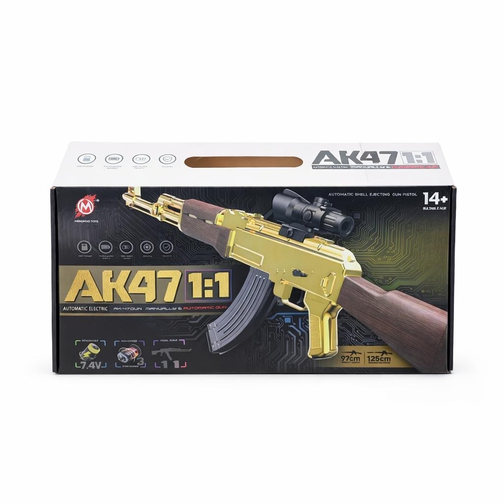 Pusca jucarie electrica model AK stil realist cu ejectare cartuse si luneta 123 cm