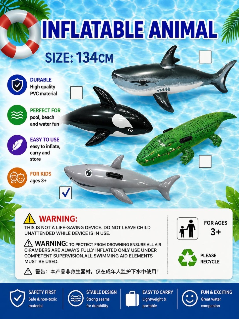 Saltea gonflabila rechin gri 134 cm pentru piscina si plaja, model distractiv copii 2