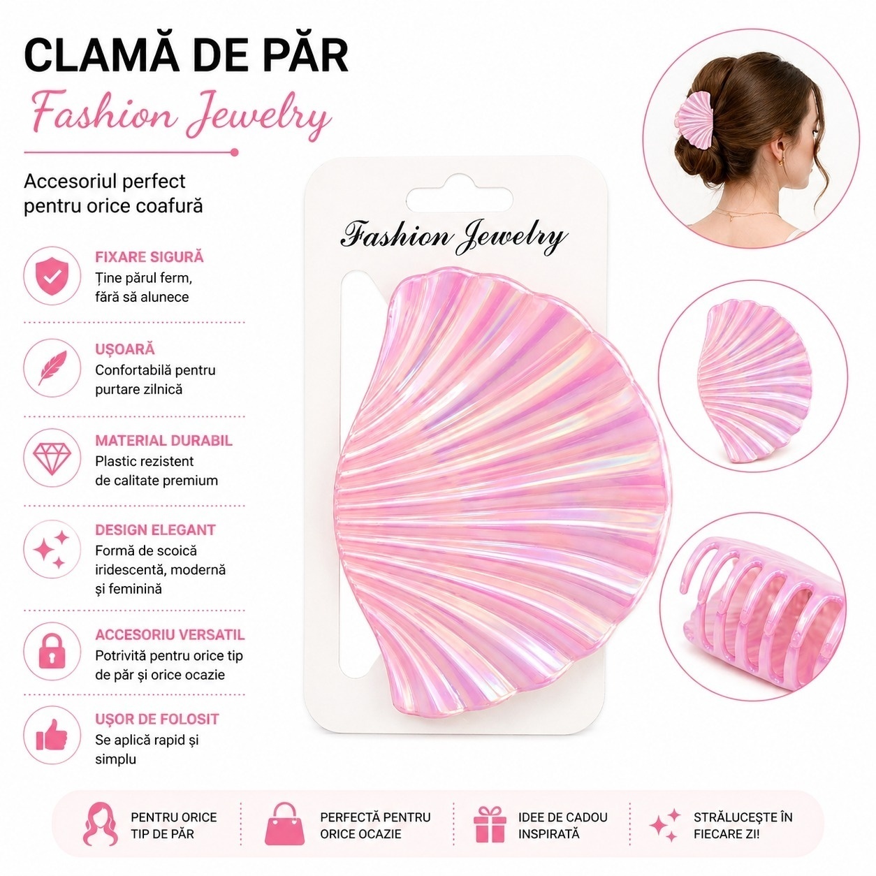 Set 12 Clești de Păr 10 cm – Clame Sidefate Model Scoică, Diverse Culori 3