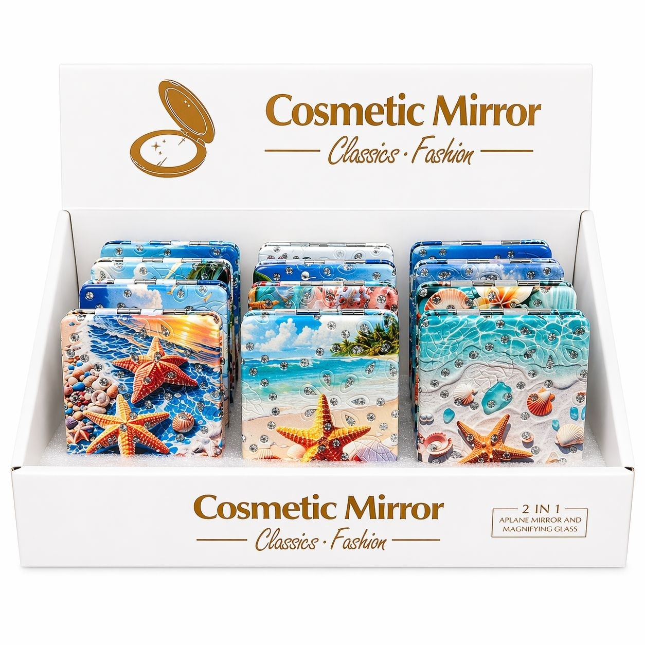 Set 12 oglinzi cosmetice buzunar 2 in 1 cu design marin, compacte