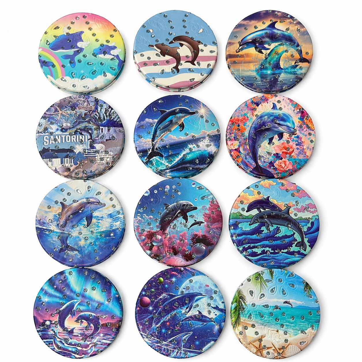 Set 12 oglinzi cosmetice rotunde cu delfini, 7cm, modele colorate, compacte 2