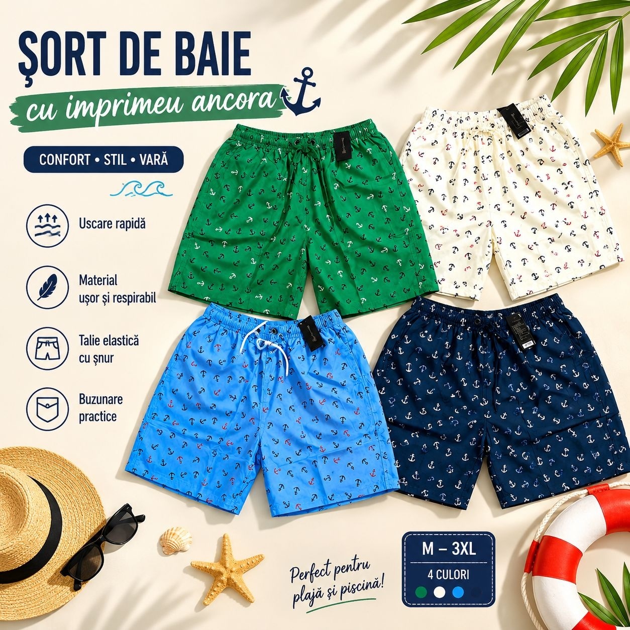 Set 12 Sorturi de Baie Bărbați cu Imprimeu Ancoră – Culori Asortate, Uscare Rapidă 2