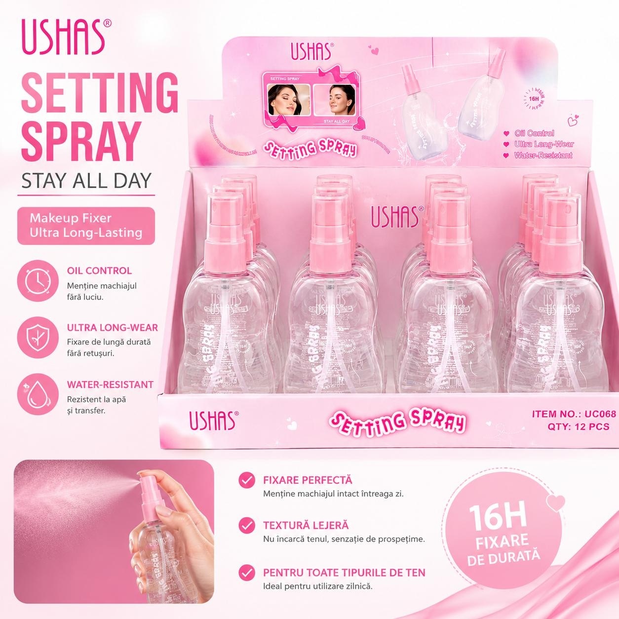 Set 12 Spray de Fixare a Machiajului USHAS Stay All Day – Fixare de Lungă Durată și Efect Fresh 2