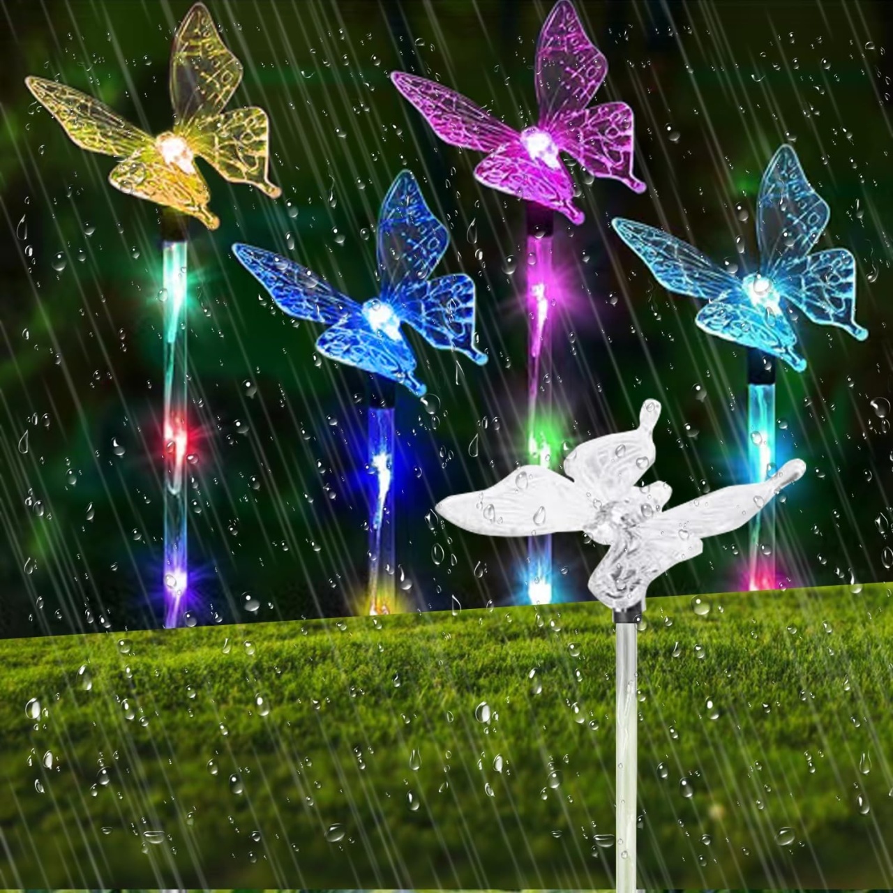 Set 2 Lămpi solare de grădină LED, multicolore, model cu fluturi , 33x6 cm, plastic 3