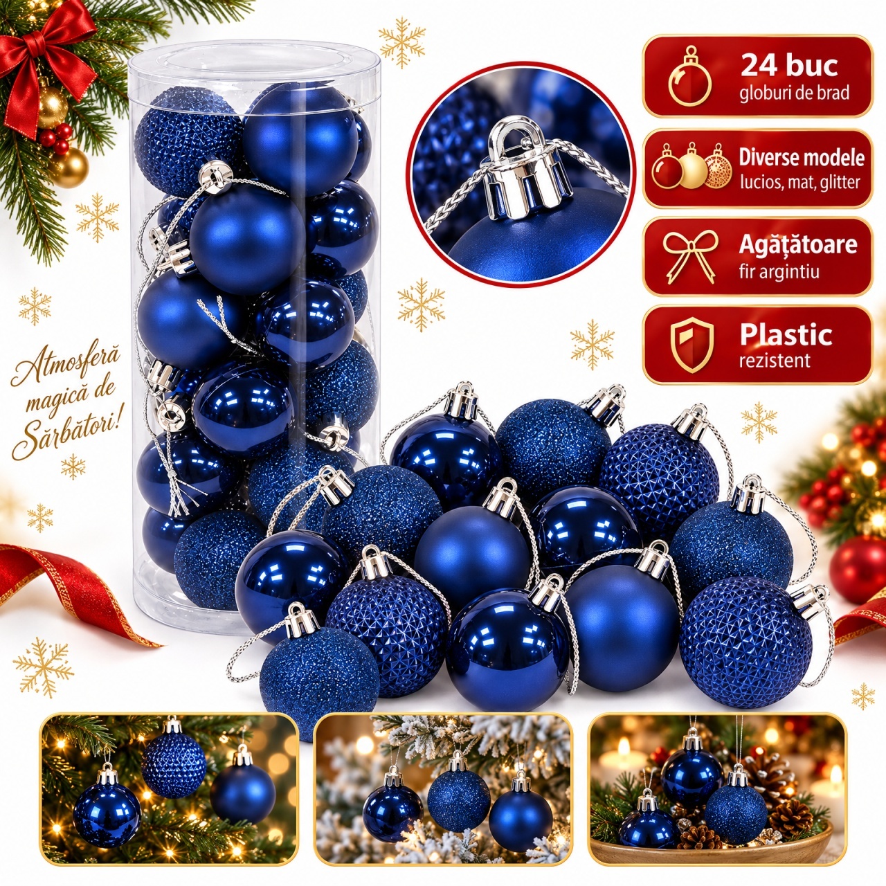 Set 24 globuri de Crăciun albastre, plastic, modele diverse, agățătoare argintie, tub 29x12 cm