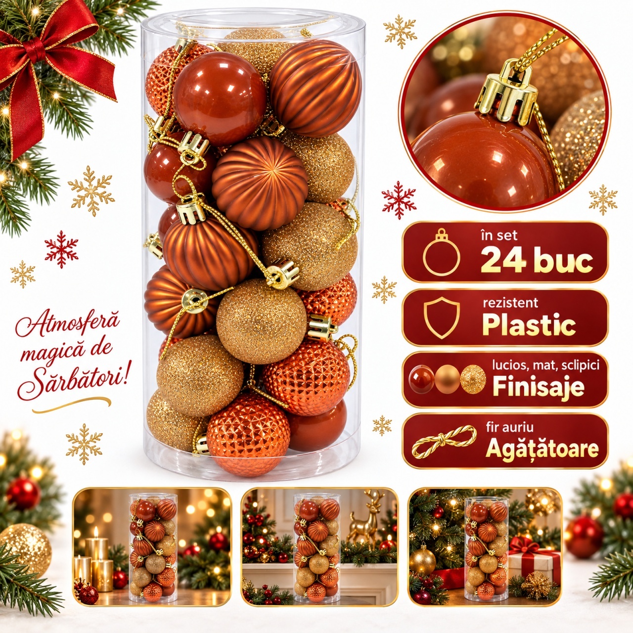 Set 24 globuri de Crăciun din plastic, portocaliu și auriu, modele diverse, tub 20,5×7,5 cm
