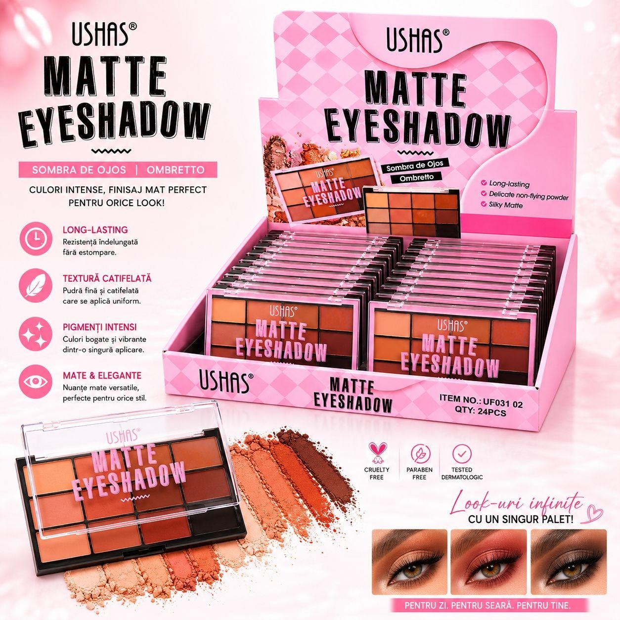 Set 24 Palete Farduri de Ochi USHAS Matte Eyeshadow – 12 Culori Mate, Pigmentare Intensă 2