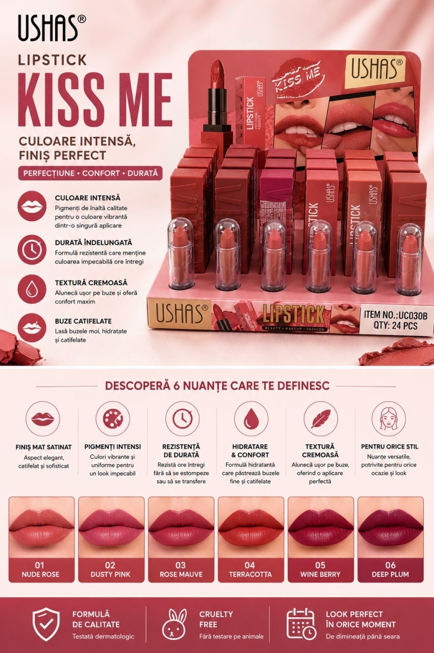 Set 24 Rujuri USHAS Kiss Me Matte Lipstick – 6 Nuanțe Elegante, Culoare Intensă și Rezistență Îndelungată 2