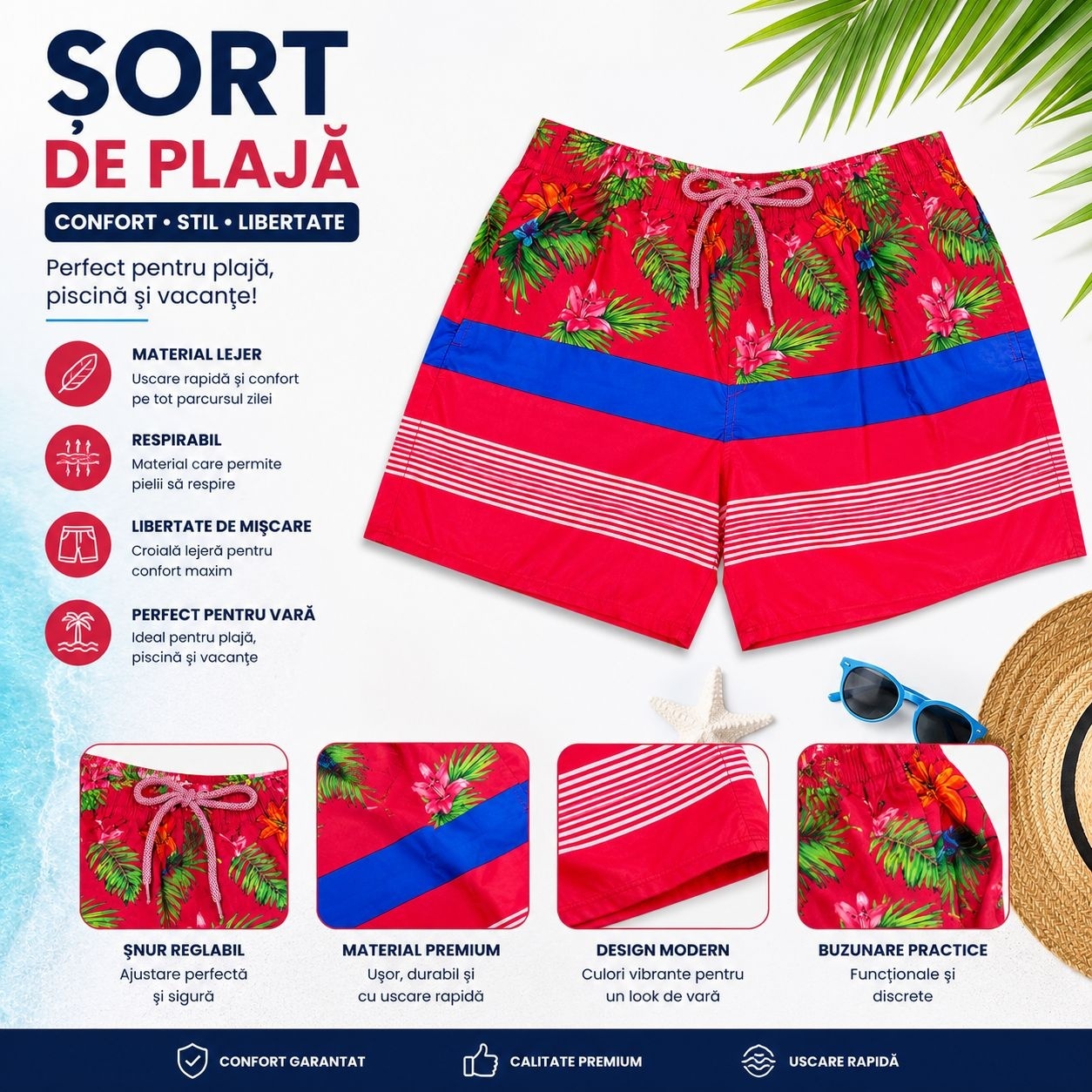 Set 5 Sorturi de Baie Bărbați Tropical Roșu – Mărimi Asortate Incluse, Uscare Rapidă 2