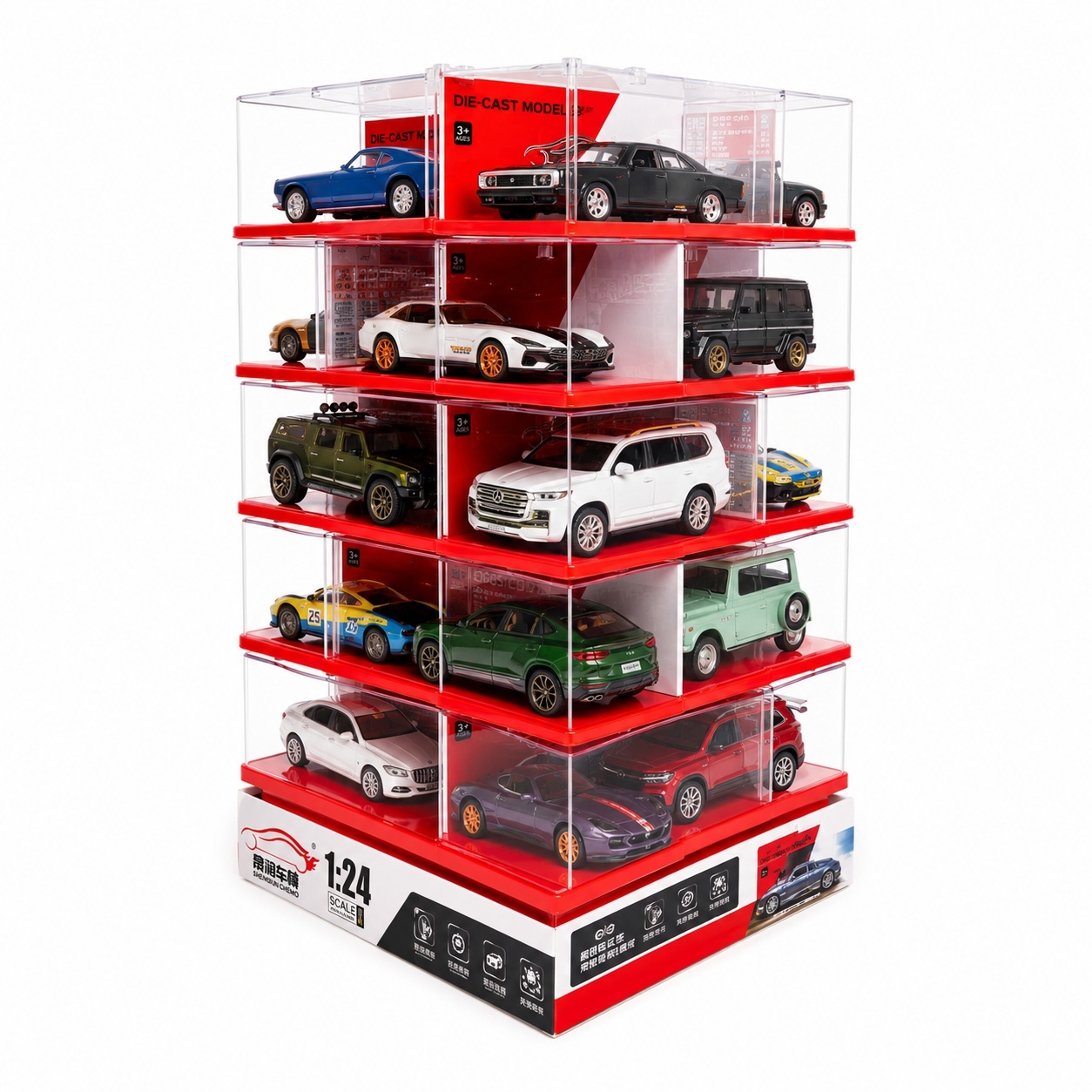 Set 6 masinute metalice scara 1:24 cu lumini si sunete set display modular rotativ 2