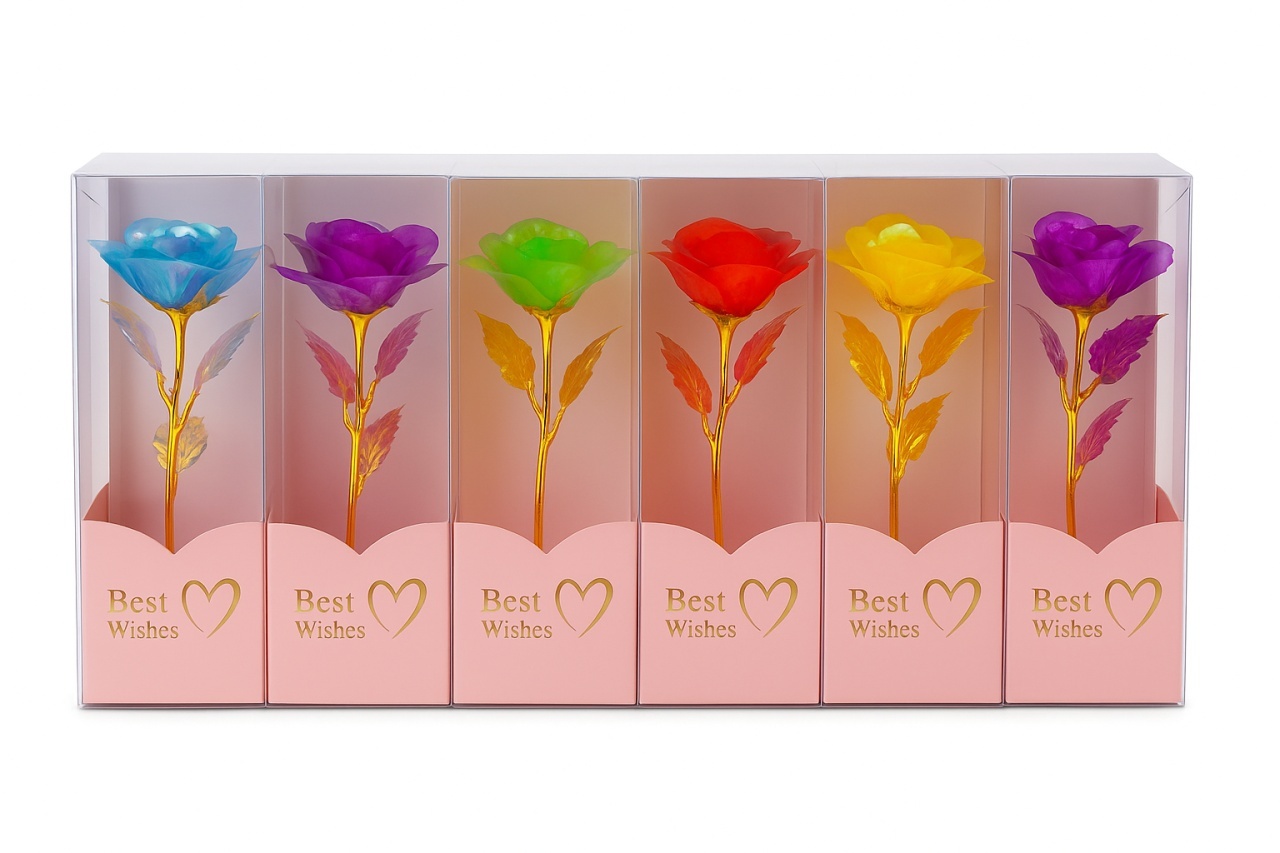 Set 7 trandafiri holografici cu LED, Best Wishes, multicolor, 26x7 cm, cadou elegant