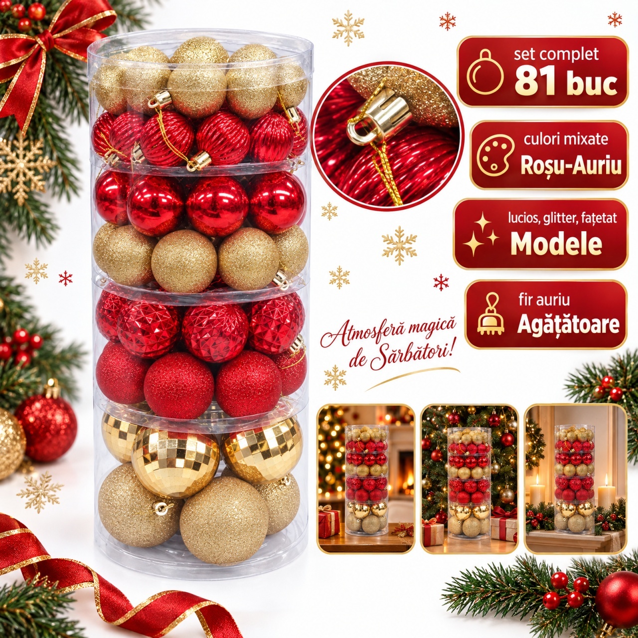 Set 81 buc globuri de Crăciun, roșu și auriu, plastic, diverse modele, cu agățătoare aurie